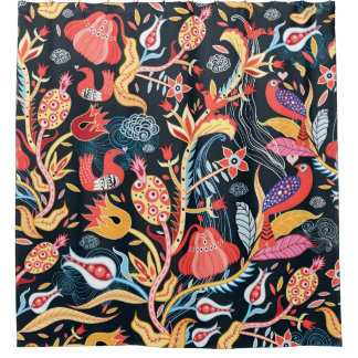 ornamental floral pattern with birds on a dark bac shower curtain