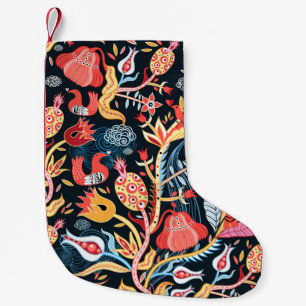 ornamental floral pattern with birds on a dark bac small christmas stocking