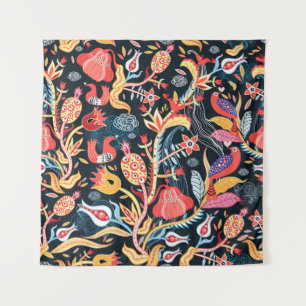 ornamental floral pattern with birds on a dark bac tapestry