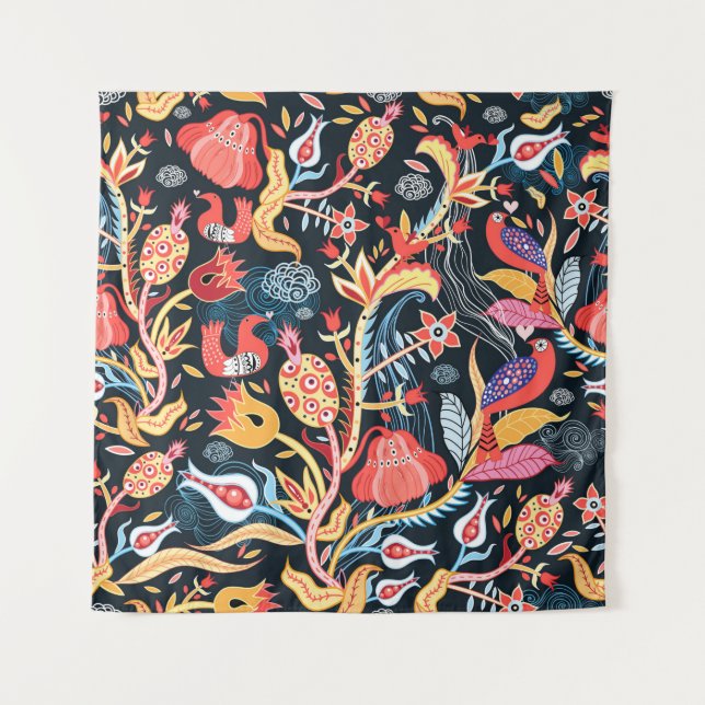 ornamental floral pattern with birds on a dark bac tapestry (Front)