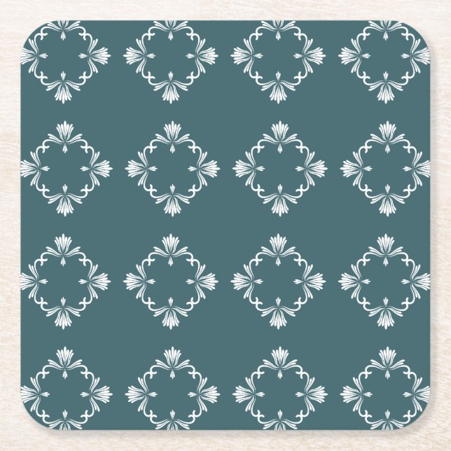 Ornamental Flourish Tile Teal Square Paper Coaster (Front)