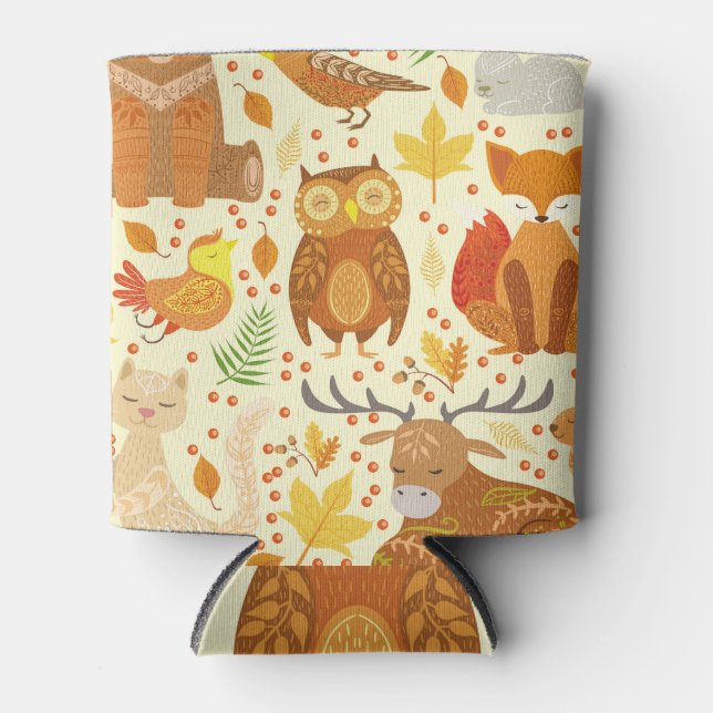 Ornamental forest animals illustration. can cooler (Front)