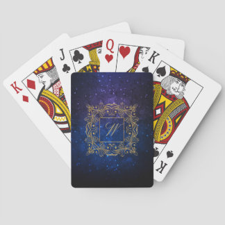 Ornamental Frame Monogram on Blue Galaxy Playing Cards