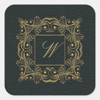 Ornamental Frame Monogram on Dark Leather Square Sticker