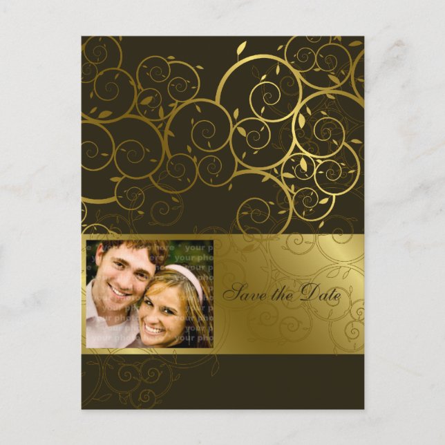Ornamental Gold Spiral Vine Save The Date Postcard (Front)