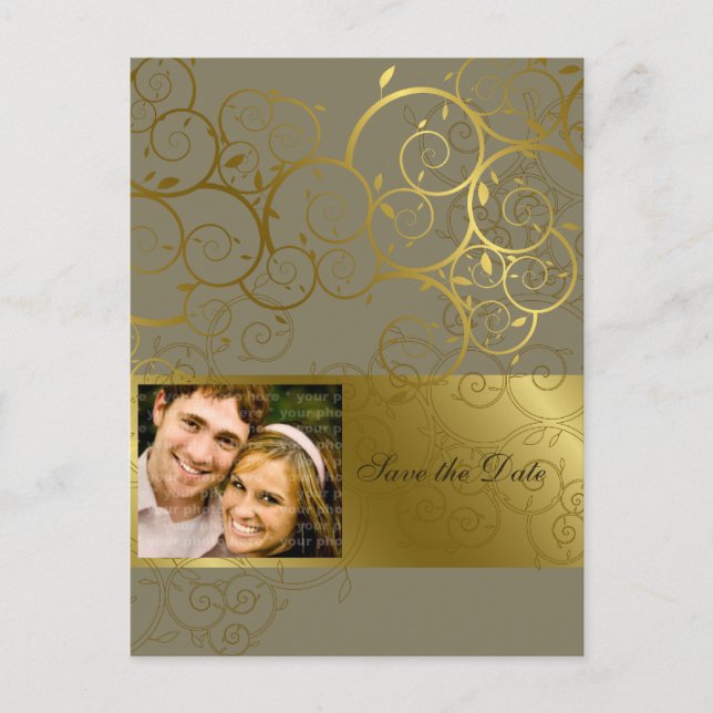 Ornamental Gold Spiral Vine Save The Date Postcard (Front)