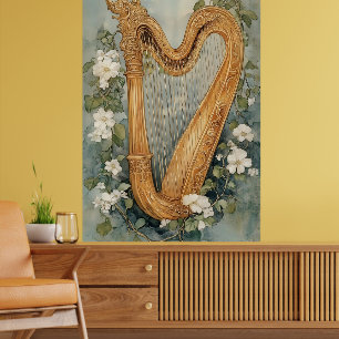 ornamental harp surrounded by white flowers poster