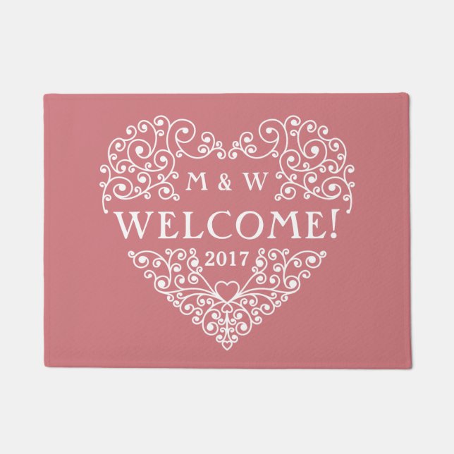 Ornamental Heart custom monogram & year door mats (Front)