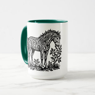 Ornamental Horse Eating Apples Floral Silhouette Mug