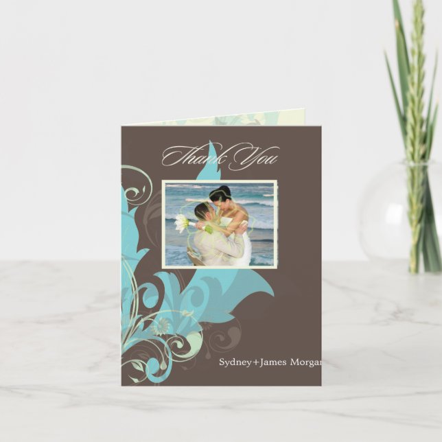 Ornamental Leaves/Aqua + Brown/Thank You Cards (Front)