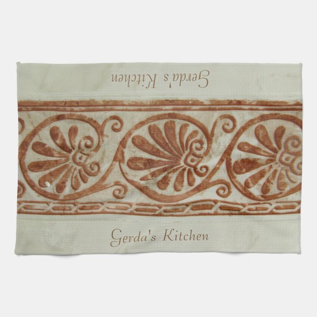 Ornamental Mediterranean Brown Border with Text Tea Towel (Horizontal)