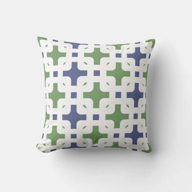 Ornamental, modern, white, olive green, navy blue cushion (Front)