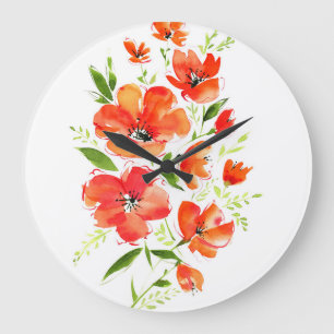 Ornamental Poppy Watercolor: Isolated Bouquet Large Clock