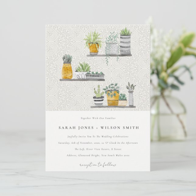 Ornamental Potted Plants Leafy Botanical Wedding Invitation (Standing Front)