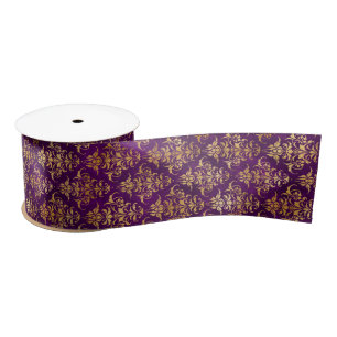 Ornamental Purple & Gold Damask Pattern Satin Ribbon