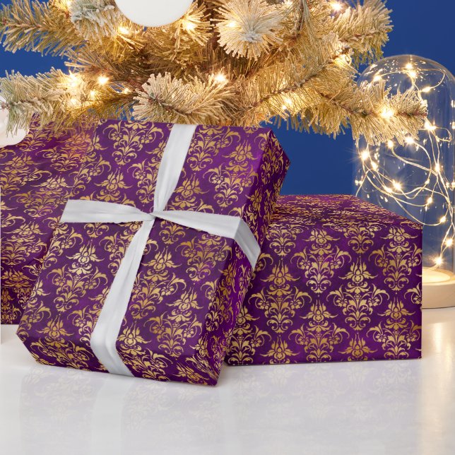 Ornamental Purple & Gold Damask Pattern Wrapping Paper (Holidays)