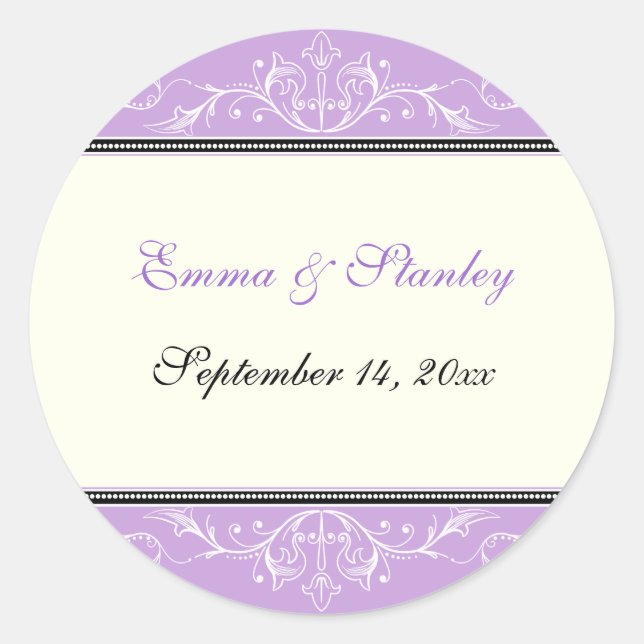 Ornamental purple white Save the Date sticker (Front)