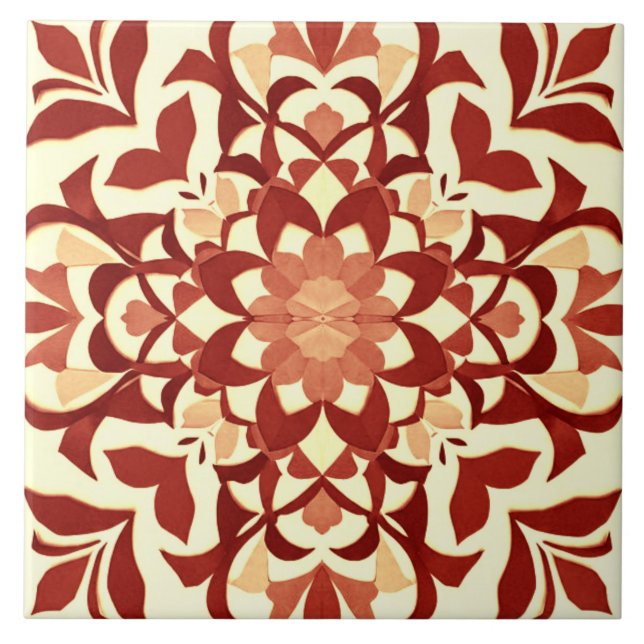 Ornamental Red Flower & Leaf Motif Tile (Front)