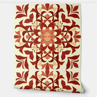 Ornamental Red Flower & Leaf Motif Wallpaper