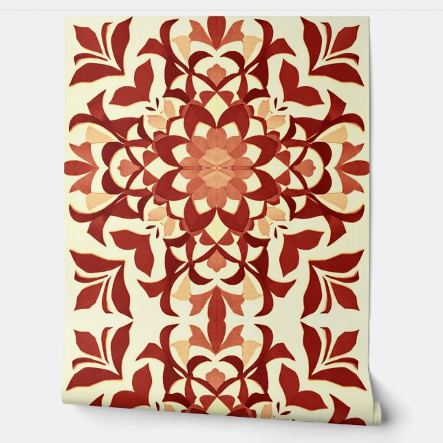 Ornamental Red Flower & Leaf Motif Wallpaper (Unrolling)