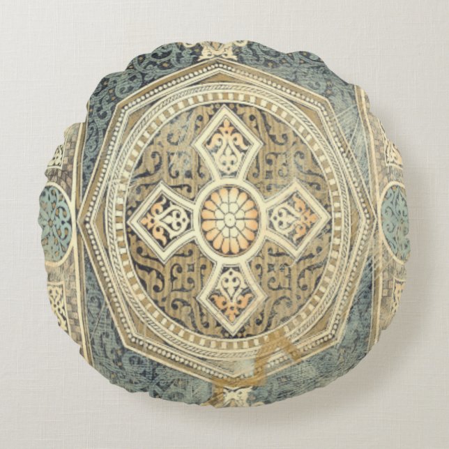 Ornamental Tapestry with Ornate Geometric Design Round Cushion (Front)