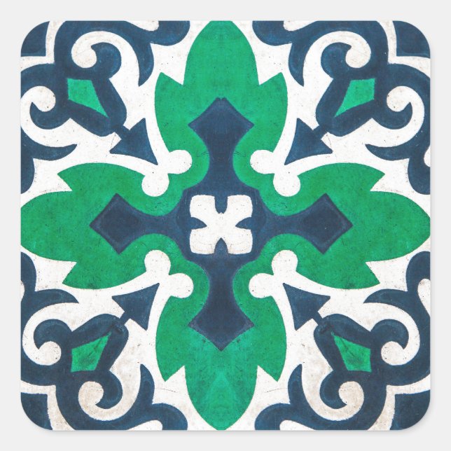 Ornamental Tile Damask Blue Green Swirl Square Sticker (Front)
