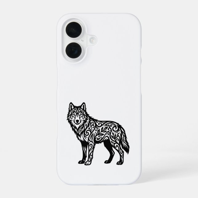 Ornamental Tribal Wolf with Decorative Swirls iPhone 16 Case (Back)