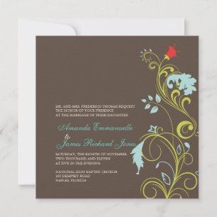 Ornamental vine/aqua blue /chocolate invitation