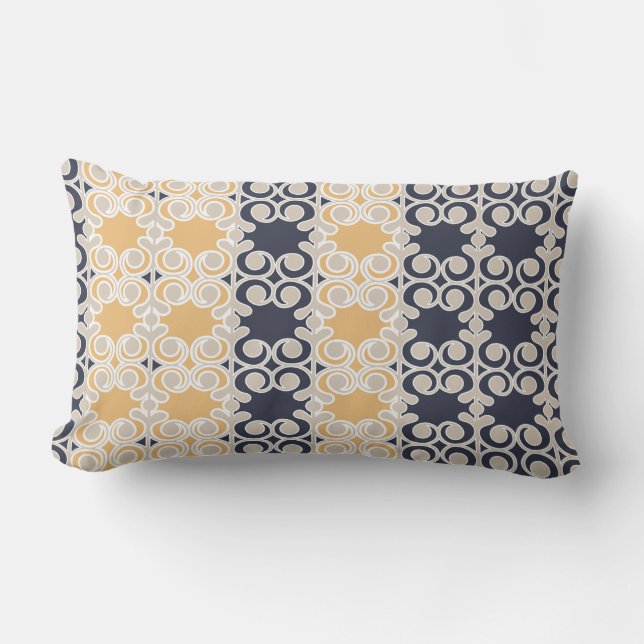 Ornamental, vines, lines, pattern, navy blue, ochr lumbar cushion (Front)