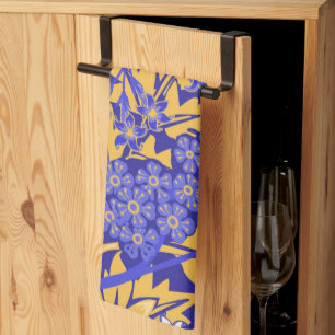 Ornamental vivid blue and golden yellow tea towel