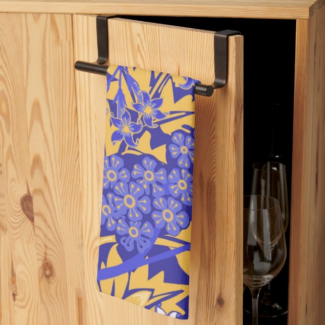 Ornamental vivid blue and golden yellow tea towel (Thirds Fold)