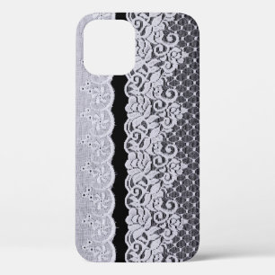 Ornamental white lace, isolated black background. iPhone 12 case