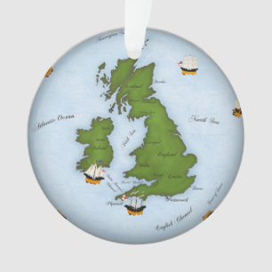 Ornamented Great Britain Map With Naval Ships Ornament