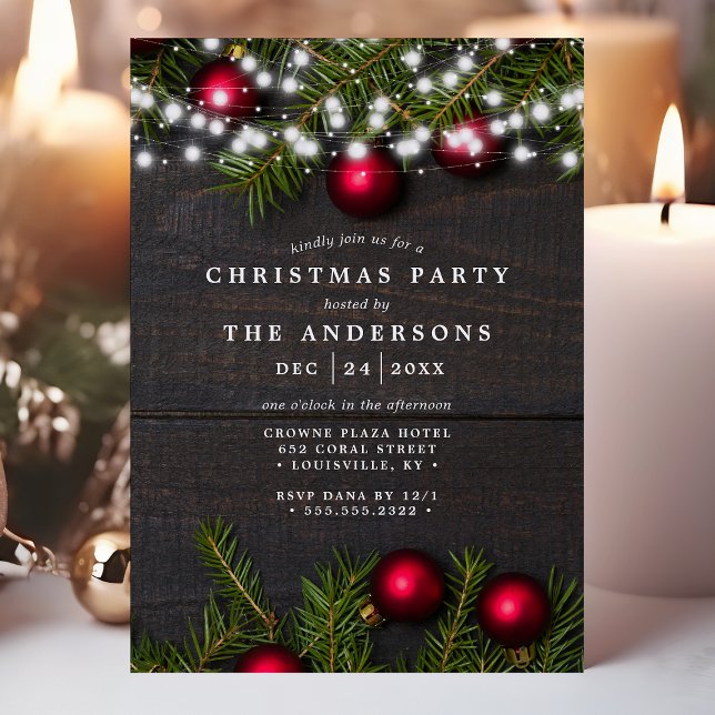 Ornaments and Pine String Lights Christmas Party Invitation (Creator Uploaded)