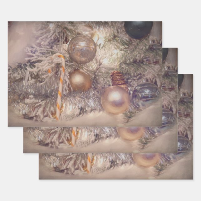 Ornaments Christmas Gold White Holiday Tree Wrapping Paper Sheet (Set)