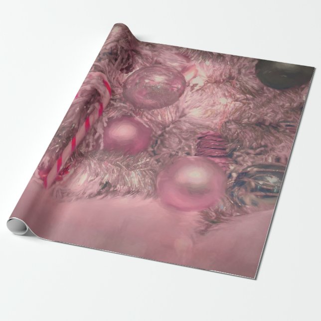 Ornaments Christmas Silver Pink Holiday Tree Wrapping Paper (Unrolled)