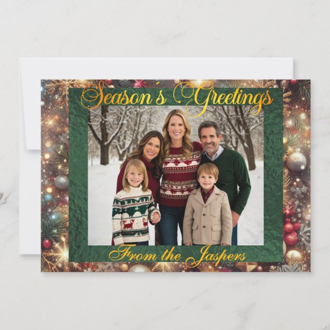 Ornaments, Gold Script & Framed Photo - Green Holiday Card (Front)