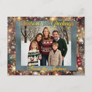 Ornaments, Gold Script & Framed Photo - Silver Holiday Postcard