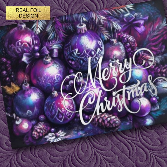 Ornaments in Shades of Purple Chalk Foil Holiday Card (Creator Uploaded)