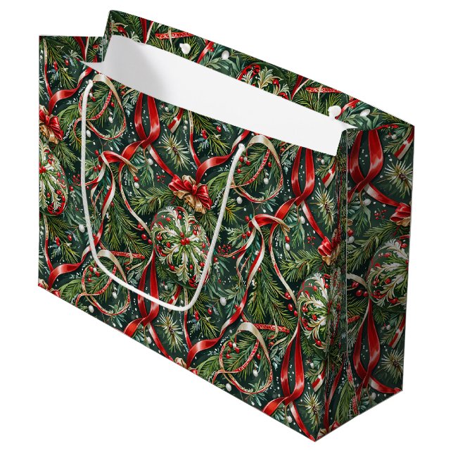 Ornaments in the Tree & Satin Ribbon Large Gift Bag (Front Angled)