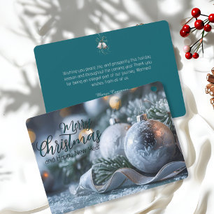 Ornaments on Frosted Greenery Elegant Corporate Holiday Card