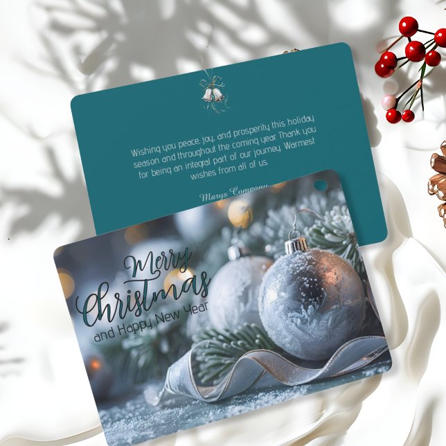Ornaments on Frosted Greenery Elegant Corporate Holiday Card (Creator Uploaded)