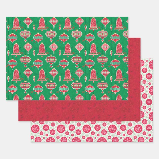 Ornaments Poinsettias Snowflake Dots Christmas Wrapping Paper Sheet (Set)