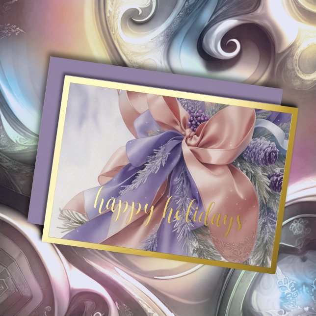 Ornaments Satin Ribbon Evergreen Lavender Peach Foil Holiday Card (Creator Uploaded)