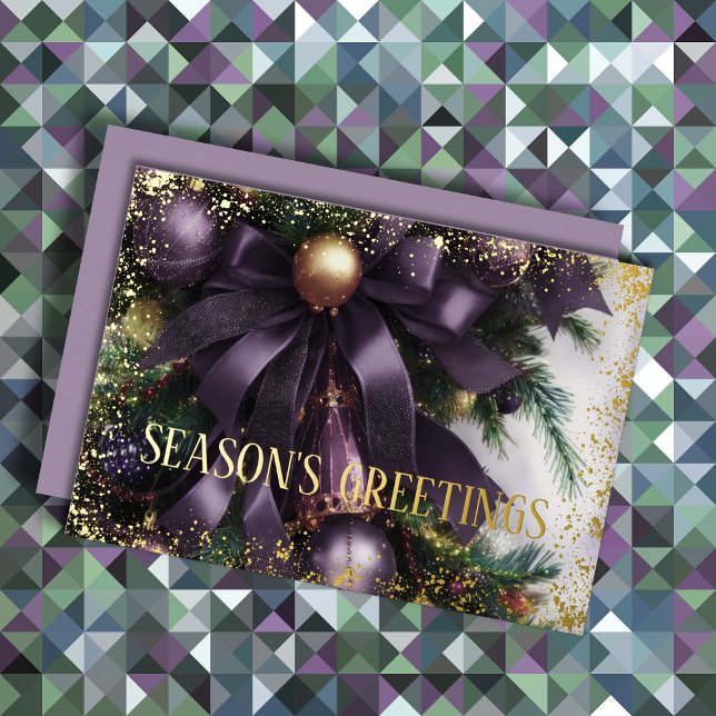 Ornaments Satin Ribbon Evergreen Purple Gold Foil Holiday Card (Creator Uploaded)
