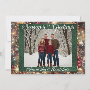 Ornaments, Silver Script & Framed Photo - Green Holiday Card