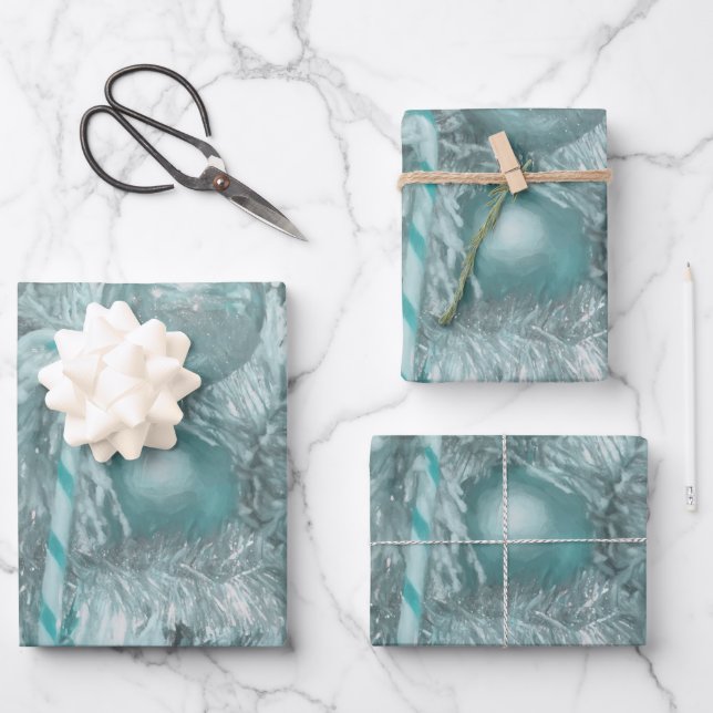 Ornaments Teal Green Christmas Holiday Tree Wrapping Paper Sheet (Front)
