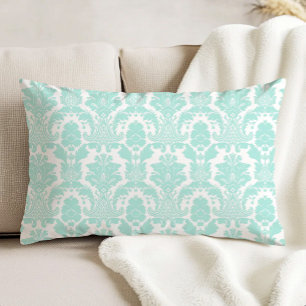 Ornate Antique Damask Pattern Aqua on White Decorative Cushion