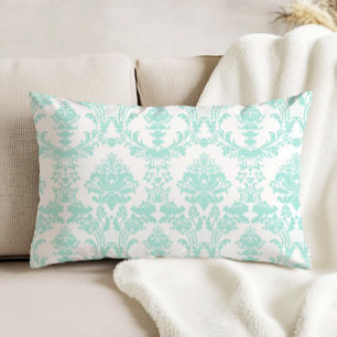 Ornate Antique Damask Pattern Aqua on White Decorative Cushion