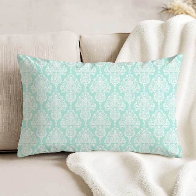 Ornate Antique Damask Pattern White on Aqua Decorative Cushion (Creator Uploaded)